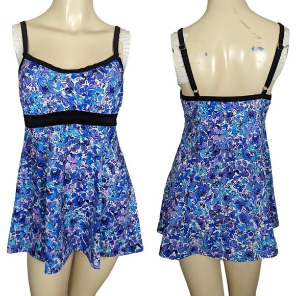 Fit 4 U Swim Dress Skirt Size 8 Blue Black‎ Floral Adjustable Straps - Picture 1 of 16